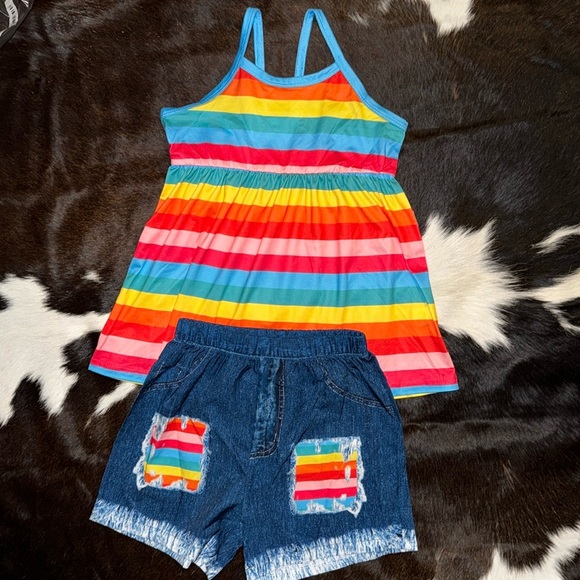Temu Other - Girls 2 Piece Rainbow Striped Cami Top & Matching Shorts